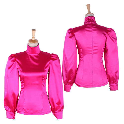 Lockable Hot Pink Satin High-Neck Sissy Blouse with Puff Sleeves – Glossy Crossdressing Top [G1651]