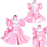 fondcosplay Handmade Lockable Pink Faux Leather Sissy Maid Dress with Corset & Puff Sleeves [G3997]