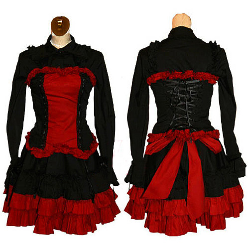 Black and Red Cotton Lockable Gothic Sissy Maid Dress with Corset Lace [CK002]