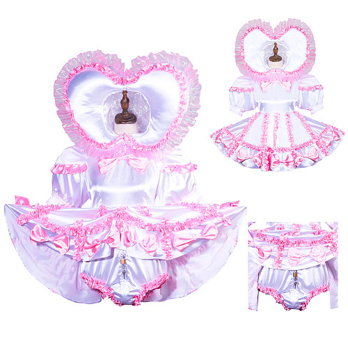 Fondcosplay Lockable White & Pink Satin Sissy Dress with Heart Hood & Romper Panties [G3759]