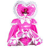 Hot Pink Thin PVC Lockable Sissy Maid Crossdressing Romper Dress with Heart Hood and Built-in Panty [G3728]