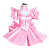fondcosplay Handmade Lockable Pink Faux Leather Sissy Maid Dress with Corset & Puff Sleeves [G3997]