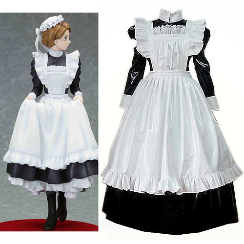 Black and White Thin PVC Lockable Sissy Maid Dress with Apron [CK129]