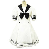White Sailor Style Uniform Wool Dress with Black Bow & Lace Trim [CK121]