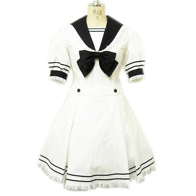 White Sailor Style Uniform Wool Dress with Black Bow & Lace Trim [CK121]