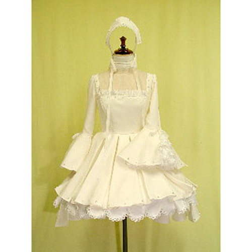 Chobits Chii White Satin Layered Cosplay Dress with Bonnet [CK046]