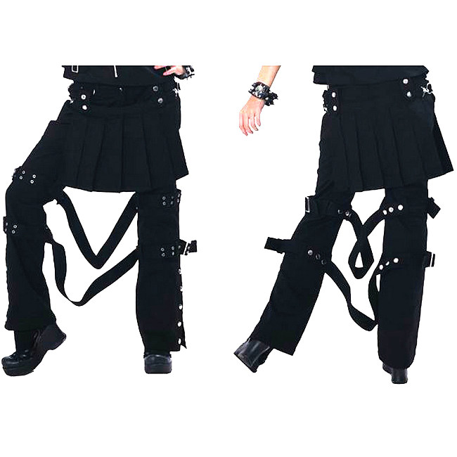 Visual Kei Gothic Black Cotton Pants with Pleated Skirt and Bondage Straps [CK163]
