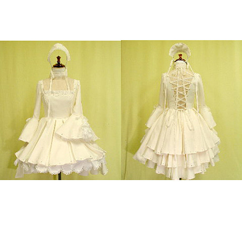 Chobits Chii White Satin Layered Cosplay Dress with Bonnet [CK046]