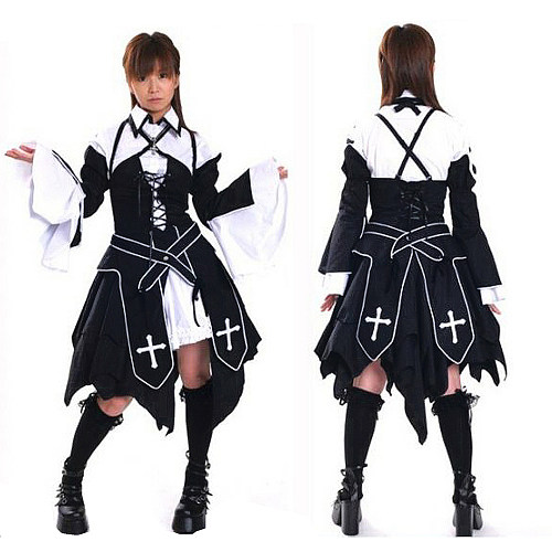 Suigintou-Inspired Gothic Cotton Cosplay Dress with Cross Embroidery – Black & White [CK118]