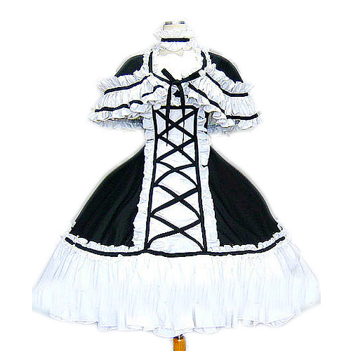 Gothic Lolita Black and White Cotton Dress with Ruffle Layers and Lace-Up Front [CK276]