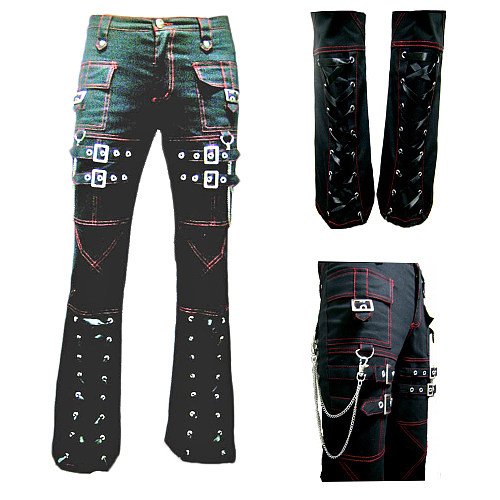 Visual Kei Gothic Black Cotton Pants with Straps, Chains & Laced Panels [CK138]