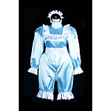 fondcosplay Lockable Blue Satin Sissy Romper with Ruffled Trim – Long-Sleeve Crossdressing Costume [G3842]