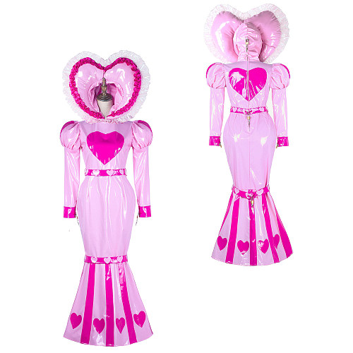 fondcosplay Lockable Heavy PVC Pink Sissy Dress with Heart Hood and Mermaid Skirt – Extreme Crossdressing Costume [G2339]