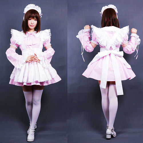 Lockable Pink and White Cotton Sissy Maid Dress with Ruffled Apron – Handmade Lolita Crossdressing Costume [CK811]
