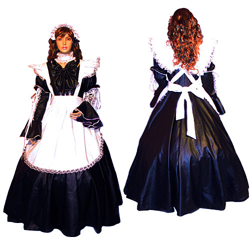 Lockable Long Black Satin Sissy Maid Dress with White Apron – Handmade Crossdressing Costume [CK807]