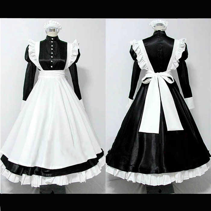 Lockable Long Satin Sissy Maid Dress with Ruffled Apron  Elegant  Crossdressing Costume [CK514]