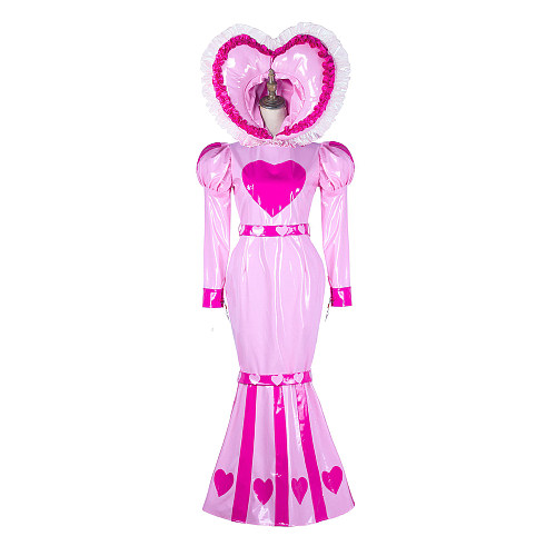 fondcosplay Lockable Heavy PVC Pink Sissy maid Dress with Heart Hood and Mermaid Skirt – Extreme Crossdressing Costume [G2339]