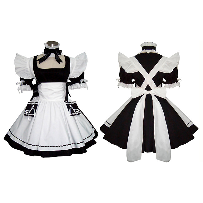 Lockable Cotton Sissy Maid Dress with Ruffled Apron and Decorative Pockets – Handmade Crossdressing Costume [CK830]