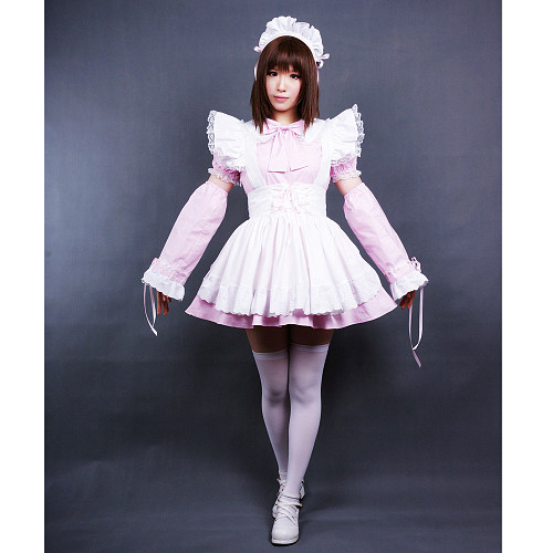 Lockable Pink and White Cotton Sissy Maid Dress with Ruffled Apron – Handmade Lolita Crossdressing Costume [CK811]