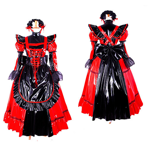 Lockable Red and Black Thin PVC Victorian Sissy Maid Dress with Ruffled Apron – Handmade Crossdressing Gown [CK792]