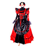 Lockable Red and Black Thin PVC Sissy Maid Dress with Ruffled Apron – Handmade Gown [CK792]