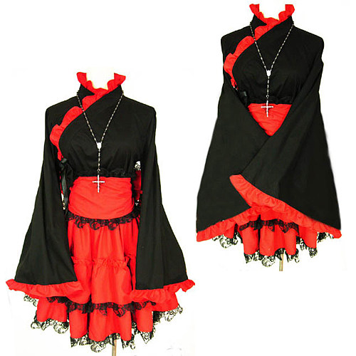 Gothic Lolita Kimono-Style Dress in Black and Red Cotton with Layered Skirt [CK776]