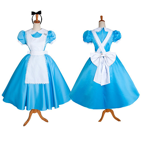 Sissy Maid Dress in Blue Satin with Apron and Bow [CK370]