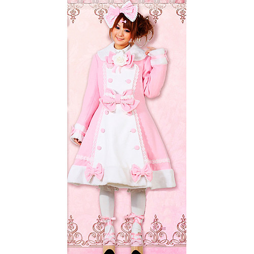 Sweet Lolita Winter Coat in Pink Woolen Fabric with Lace and Bows [CK1345]