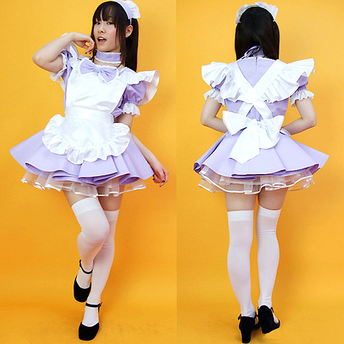 fondcosplay Lockable Lavender Cotton Ultra Short Sissy Maid Dress with White Apron – Handmade Crossdressing Costume [G2222]
