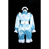 fondcosplay Lockable Blue Satin Sissy Romper with Ruffled Trim – Long-Sleeve Crossdressing Costume [G3842]