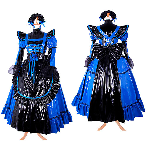 Lockable Thin PVC Victorian Sissy Maid Dress in Black and Blue – Glossy Crossdressing Costume [CK791]