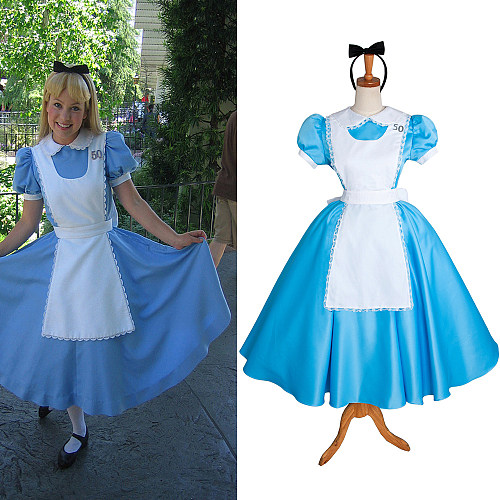 Alice in Wonderland Cosplay Sissy Maid Dress in Blue Satin with Apron and Bow [CK370]