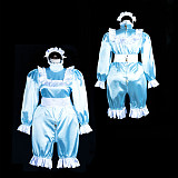 fondcosplay Lockable Blue Satin Sissy Romper with Ruffled Trim – Long-Sleeve Crossdressing Costume [G3842]