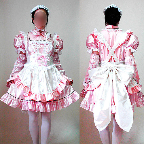 Lockable Pink and White Glossy Thin PVC Sissy Maid Short Dress with Apron and Bow – Crossdressing Lolita Costume [CK949]