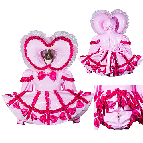 fondcosplay Lockable Pink Heart Hood Frilly Sissy Romper – Shiny Thin PVC One-Piece Costume [G3791]