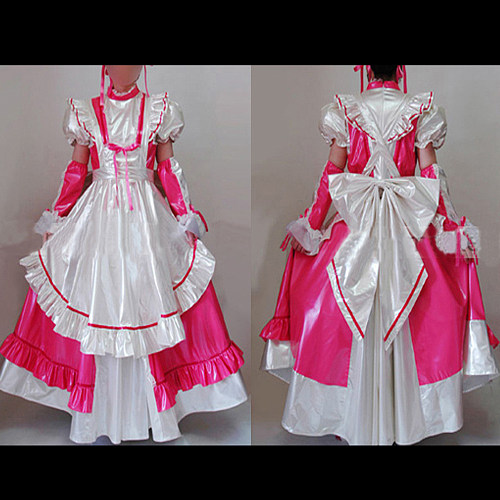 Lockable Long Pink and White Thin PVC Sissy Maid Dress with Ruffled Apron – Handmade Crossdressing Costume [CK905]