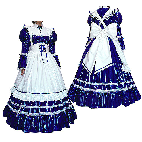 Lockable Long Navy Blue and White Thin PVC Sissy Maid Dress with Apron and Bow – Crossdressing Gown [CK960]