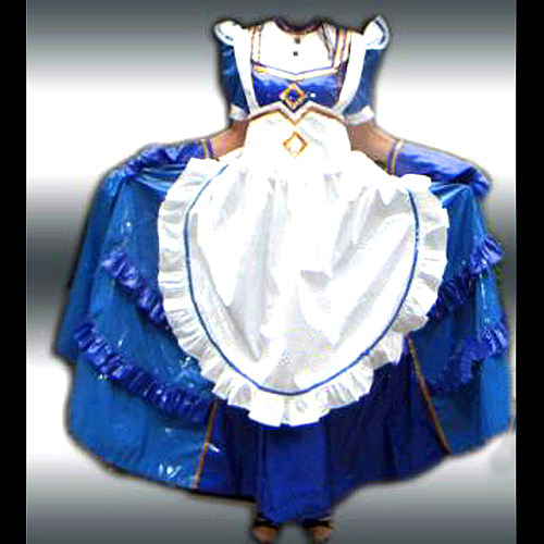 Lockable Royal Blue and White Thin PVC Sissy Maid Dress with Apron and Long Train – Handmade Glossy Crossdressing Costume [CK939]