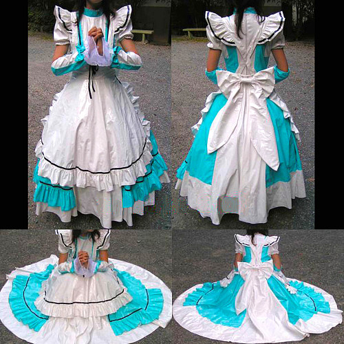 Lockable Blue and White Thin PVC Sissy Maid Dress with Dramatic Train and Ruffled Apron – Handmade Crossdressing Gown [CK930]