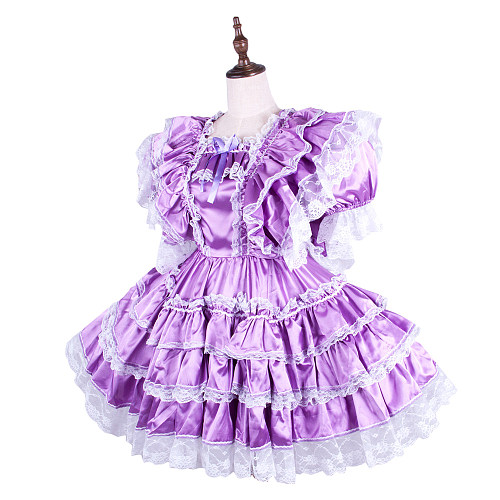 Lavender Satin Ruffled Sissy Maid Dress with Lockable Design [G1570]