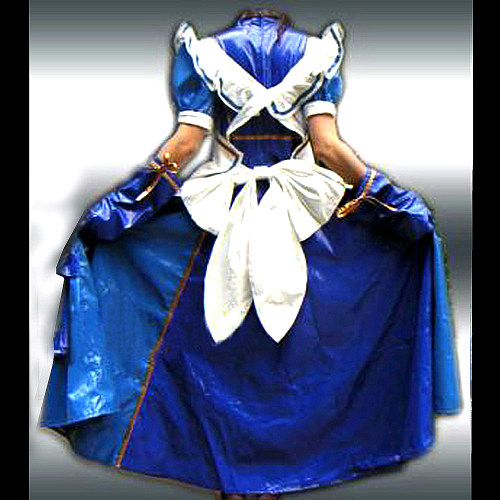 Lockable Royal Blue and White Thin PVC Sissy Maid Dress with Apron and Long Train – Handmade Glossy Crossdressing Costume [CK939]