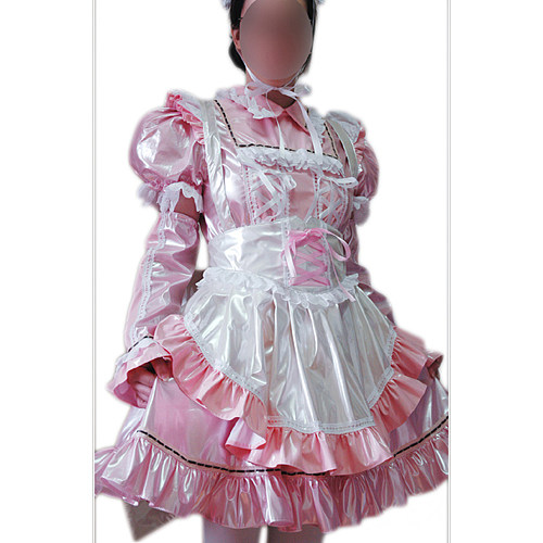 Lockable Pink and White Glossy Thin PVC Sissy Maid Short Dress with Apron and Bow – Crossdressing Lolita Costume [CK949]