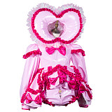 fondcosplay Lockable Pink Heart Hood Frilly Sissy Romper – Shiny Thin PVC One-Piece Costume [G3791]