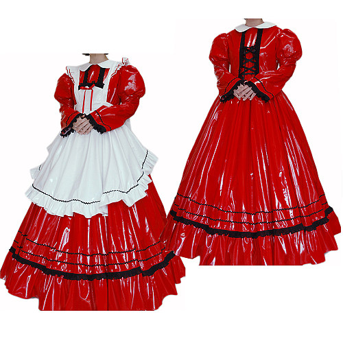 Lockable Red and White Long Thin PVC Sissy Maid Dress with Apron – Glossy Frilly Crossdressing Costume [CK961]