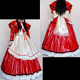 Lockable Red and white Thin PVC Sissy Maid Long Dress with Apron and Lace – Glossy Handmade Crossdressing Lolita Costume [CK948]