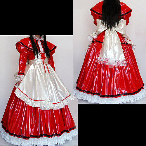 Lockable Red and white Thin PVC Sissy Maid Long Dress with Apron and Lace – Glossy Handmade Crossdressing Lolita Costume [CK948]