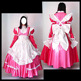 Lockable Long Glossy Thin PVC Sissy Maid Dress in Hot Pink and White with Apron and Bow – Crossdressing Gown [CK950]