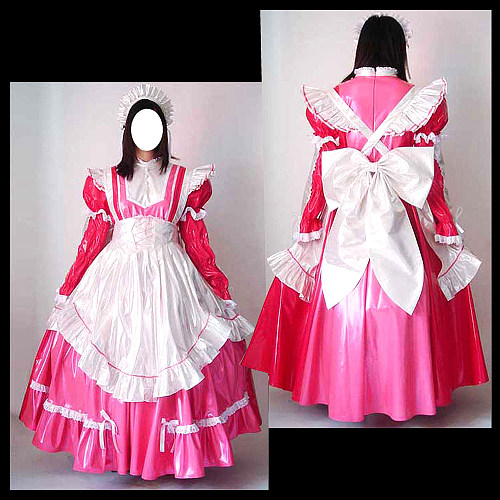 Lockable Long Glossy Thin PVC Sissy Maid Dress in Hot Pink and White with Apron and Bow – Crossdressing Gown [CK950]