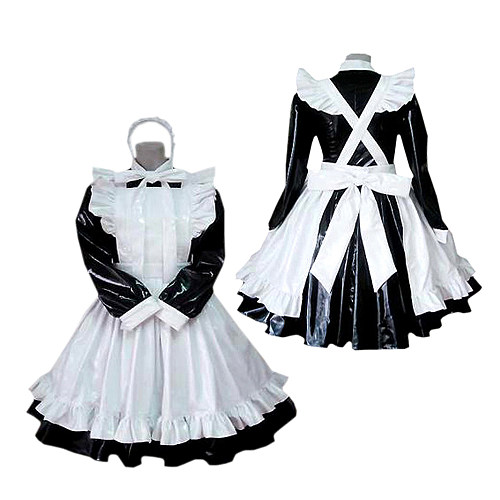 Lockable Thin PVC Black and White Sissy Maid Dress with Long Sleeves and Ruffled Apron – Handmade Crossdressing Costume [CK929]