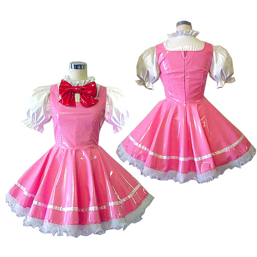 Glossy Pink Cosplay Sissy Maid Dress with Puff Sleeves [CK945]